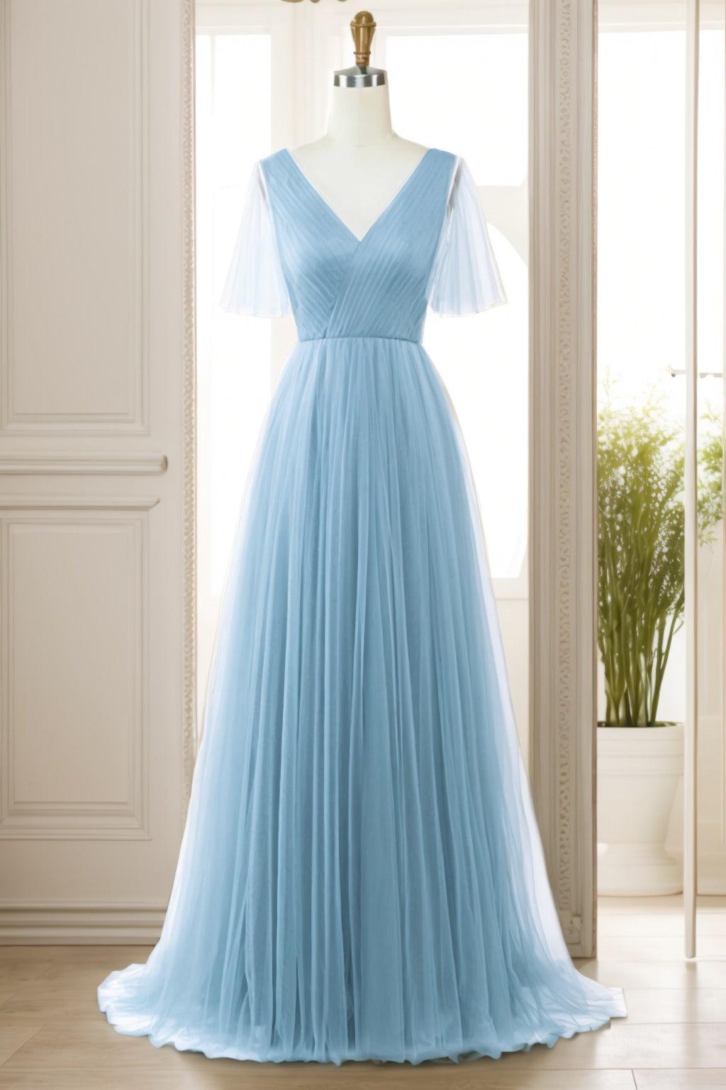 A-Line Sweep-Brush Train Tulle Prom Dress CS0472 - COCOMELODY