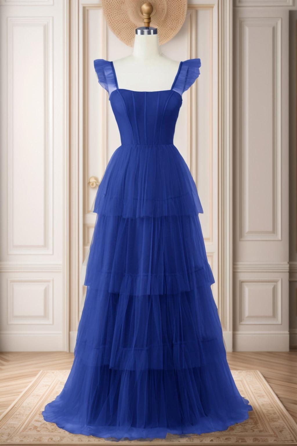 A-Line Sweep-Brush Train Tulle Prom Dress CS0471 - COCOMELODY
