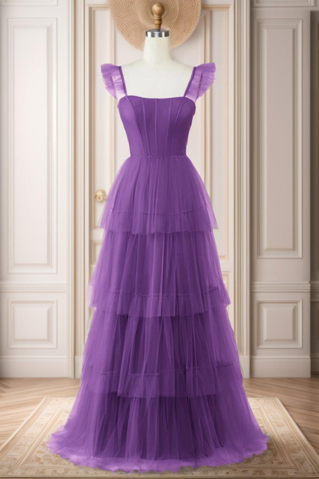 A-Line Sweep-Brush Train Tulle Prom Dress CS0471 - COCOMELODY