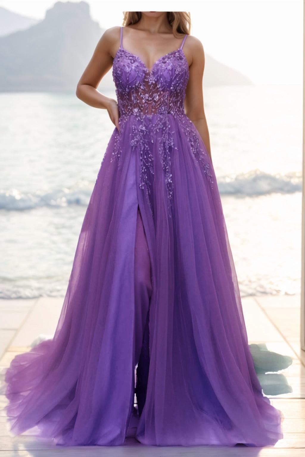 A-line Sweep-Brush Train Tulle Prom Dress CS0402 - COCOMELODY