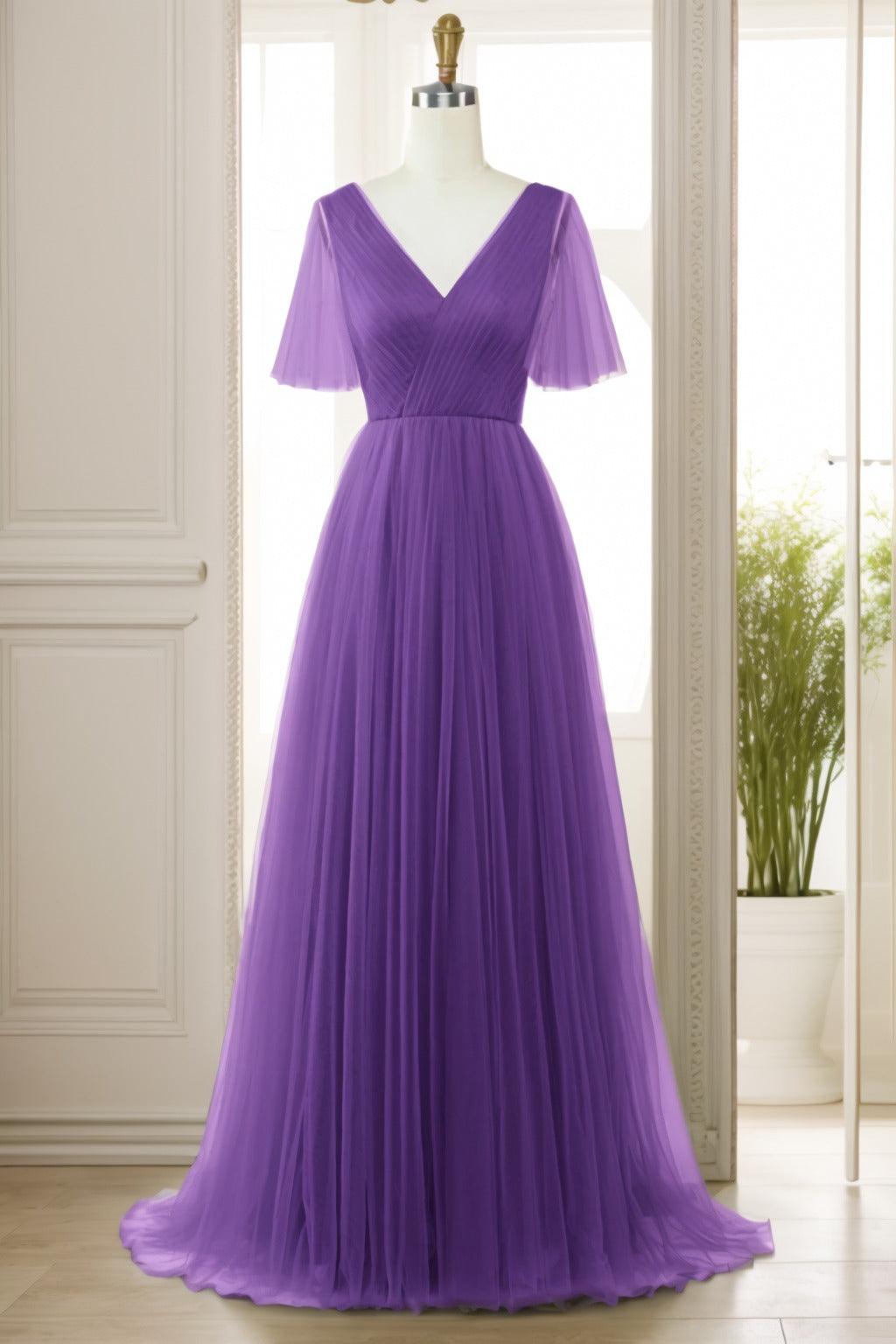 A-Line Sweep-Brush Train Tulle Prom Dress CS0472 - COCOMELODY