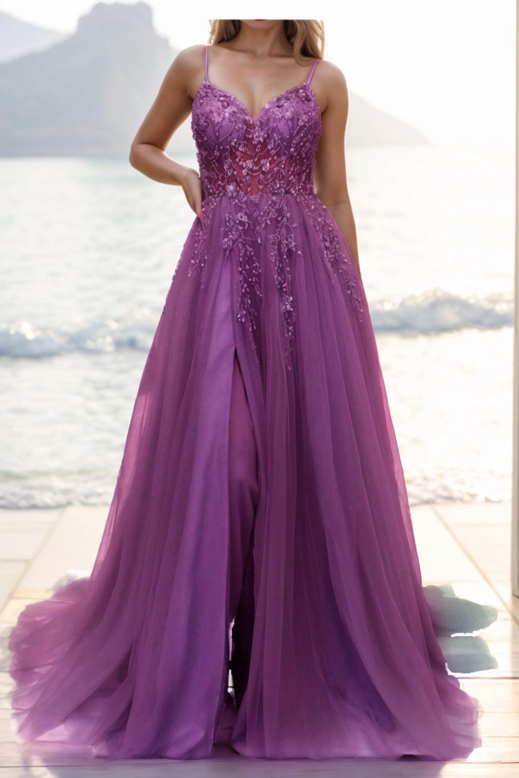 A-line Sweep-Brush Train Tulle Prom Dress CS0402 - COCOMELODY