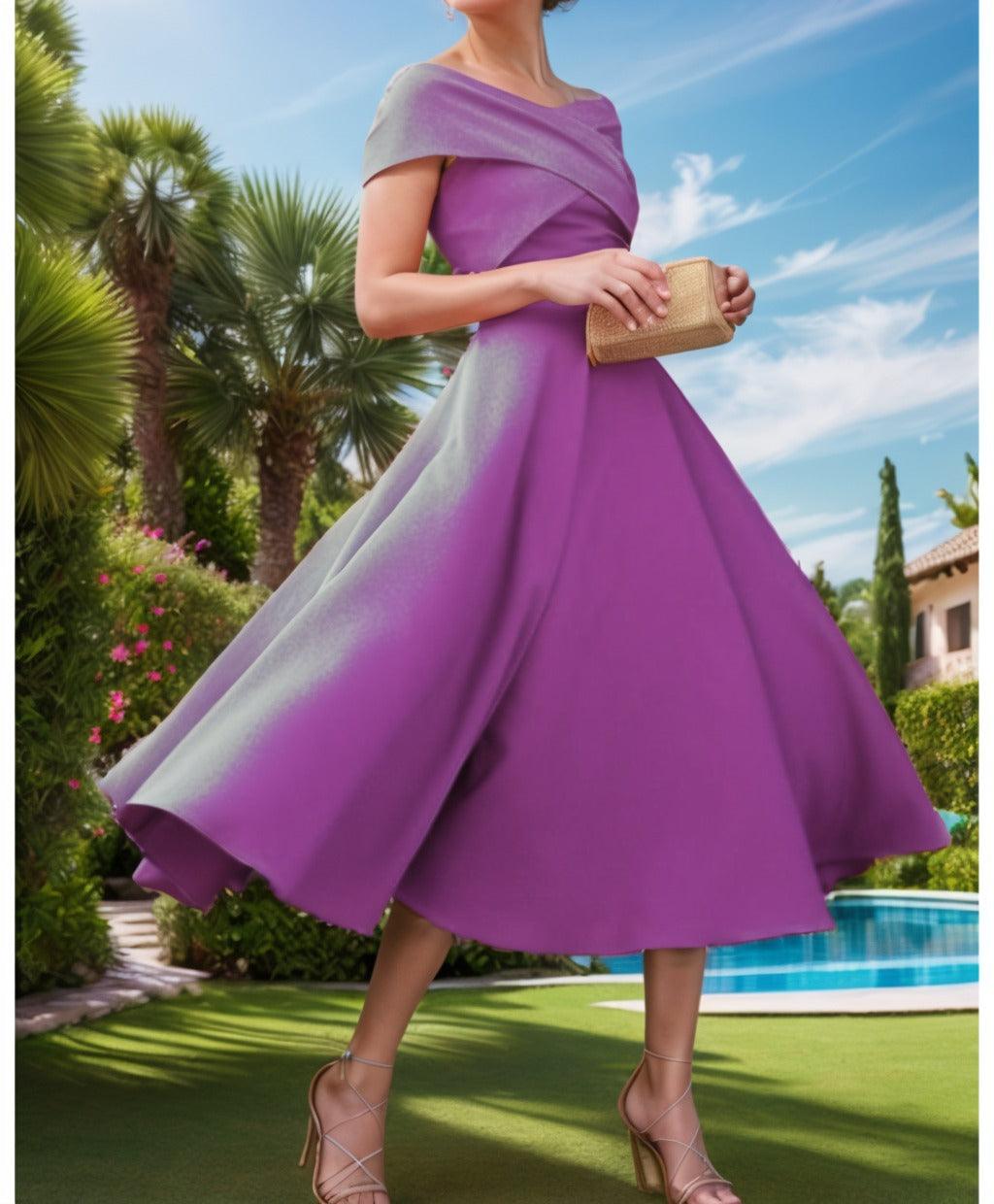 A-Line Tea Length Satin Prom Dress CS0455 - COCOMELODY