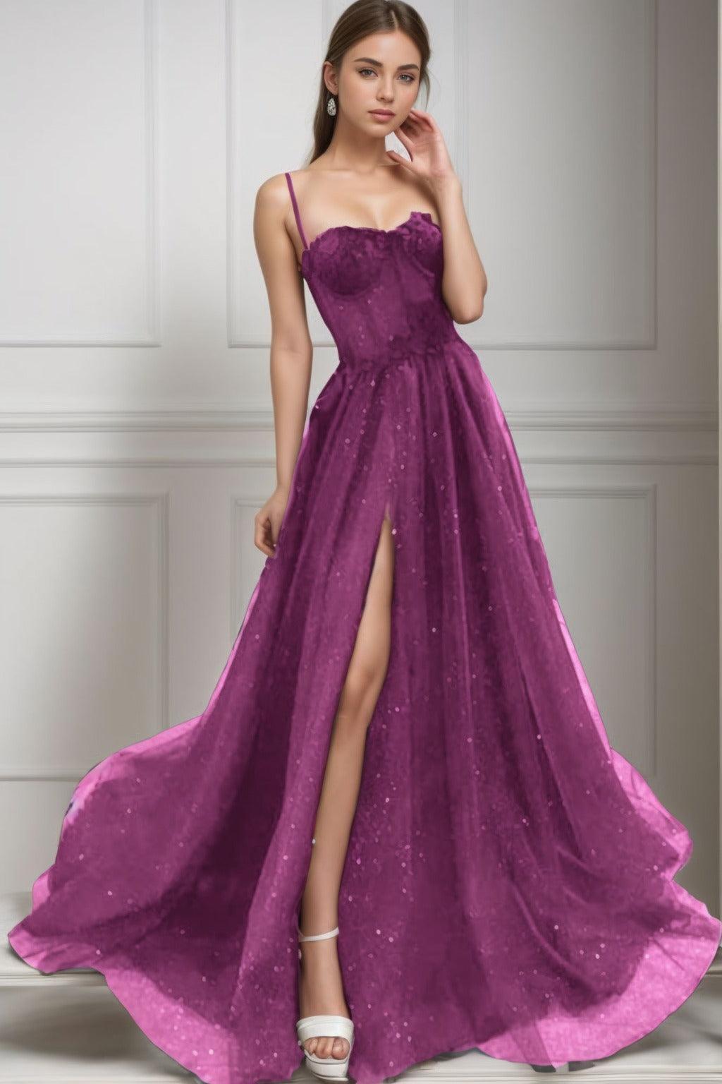 A-Line Sweep-Brush Train Tulle Prom Dress CS0439 - COCOMELODY