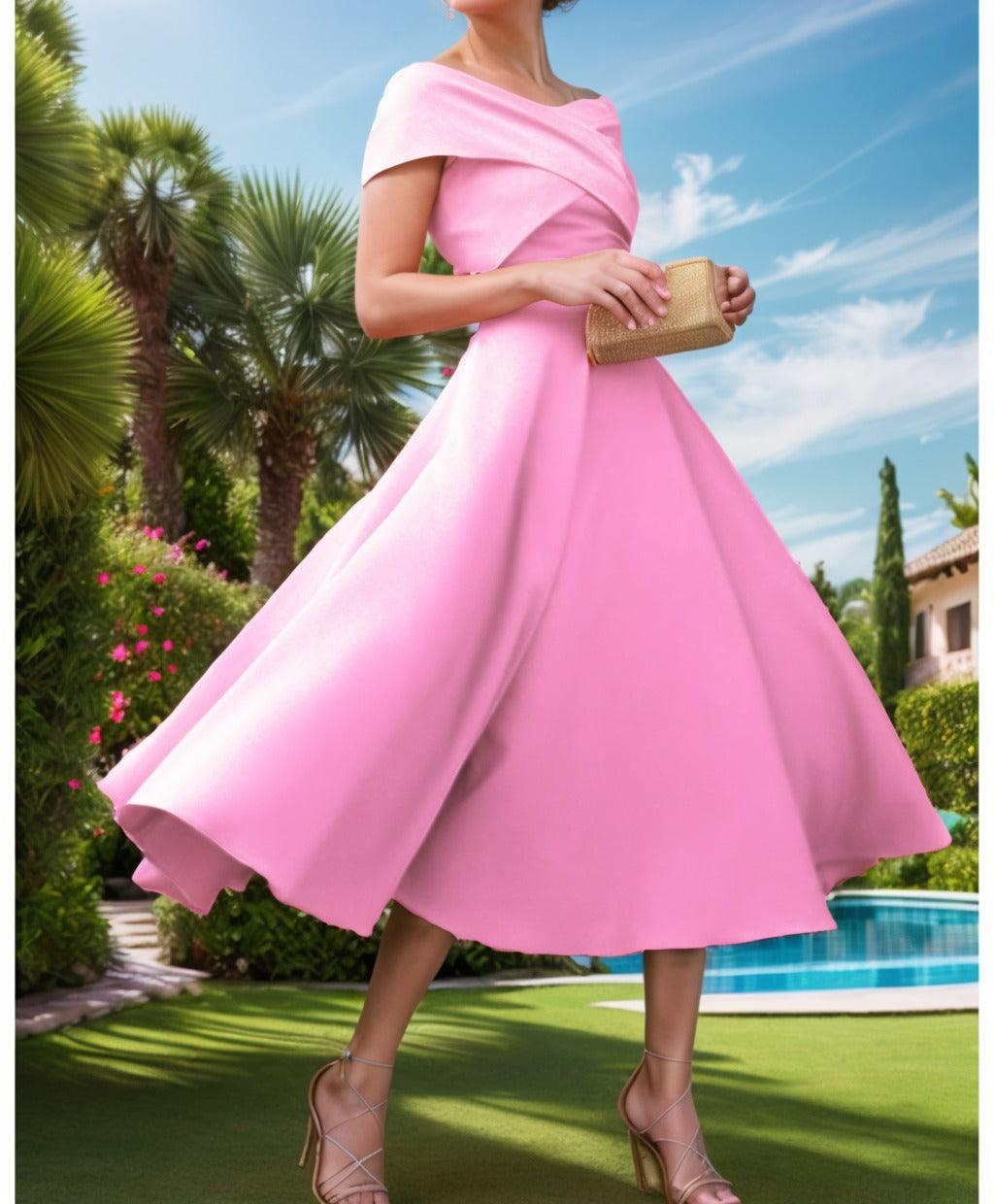 A-Line Tea Length Satin Prom Dress CS0455 - COCOMELODY