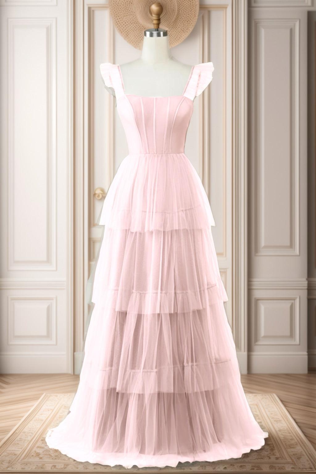 A-Line Sweep-Brush Train Tulle Prom Dress CS0471 - COCOMELODY
