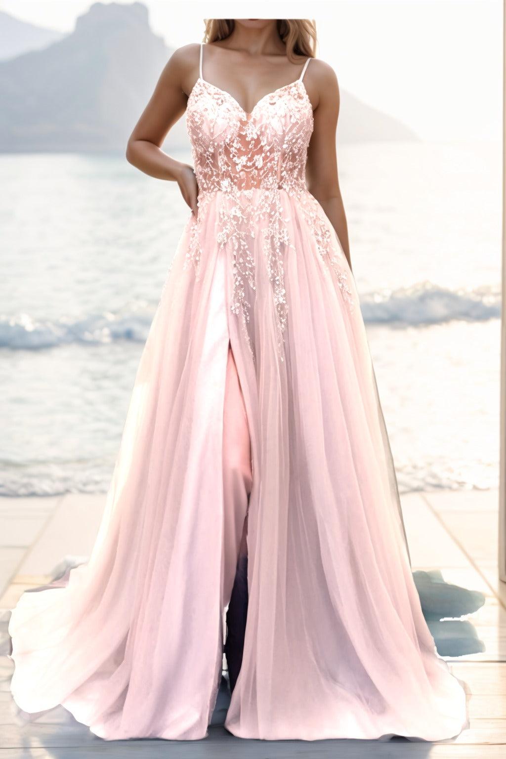 A-line Sweep-Brush Train Tulle Prom Dress CS0402 - COCOMELODY