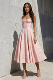 A-Line Tea Length Jacquard Satin Wedding Guest Dress 1038699395137