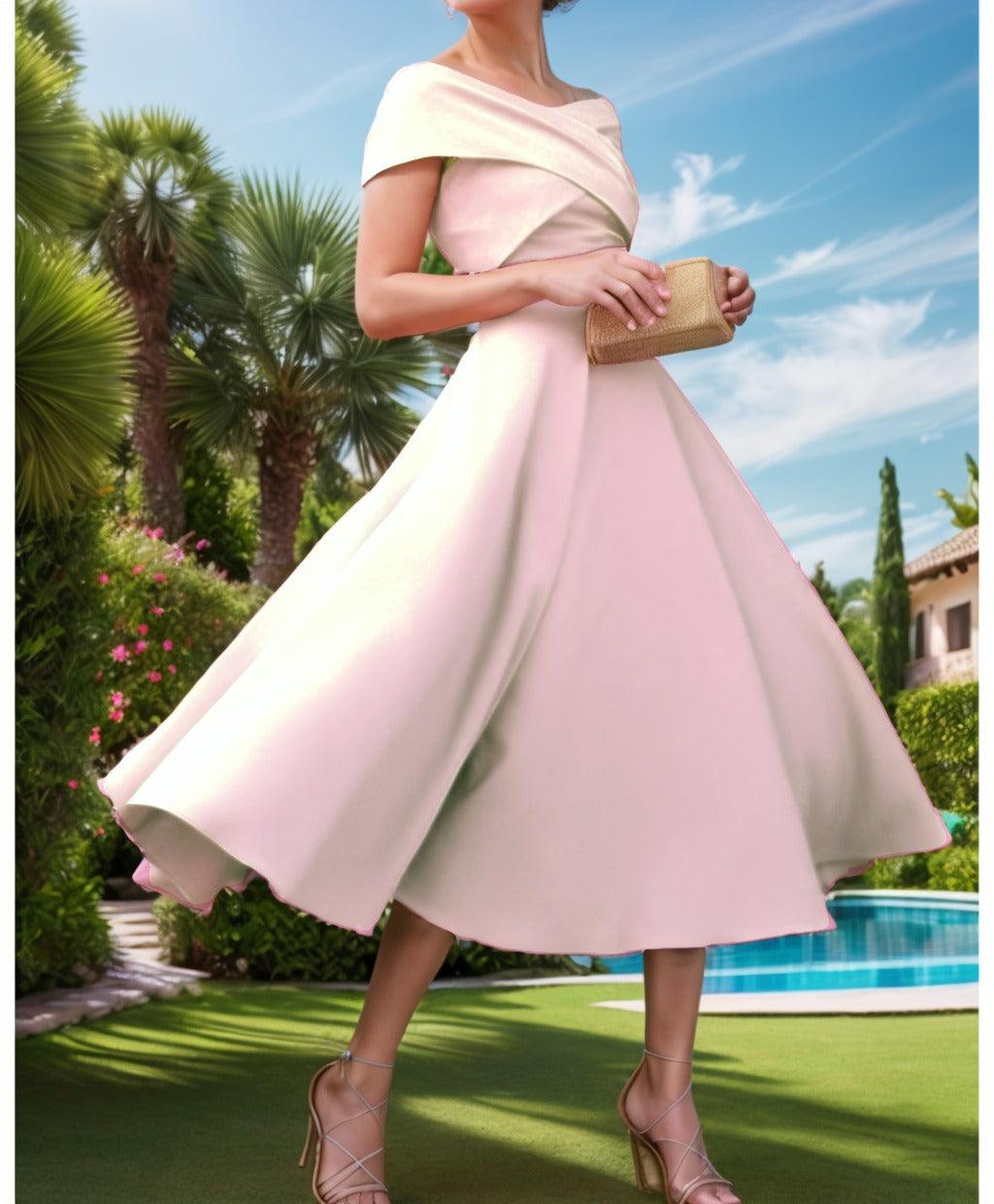 A-Line Tea Length Satin Prom Dress CS0455 - COCOMELODY