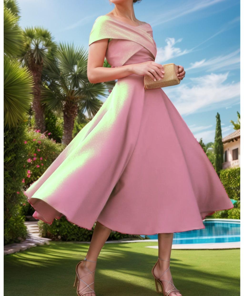 A-Line Tea Length Satin Prom Dress CS0455 - COCOMELODY