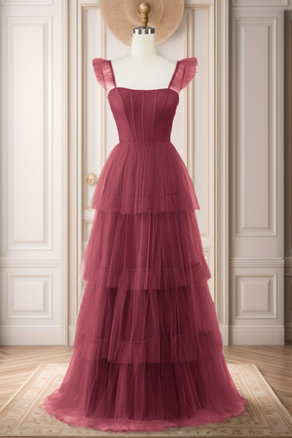A-Line Sweep-Brush Train Tulle Prom Dress CS0471 - COCOMELODY