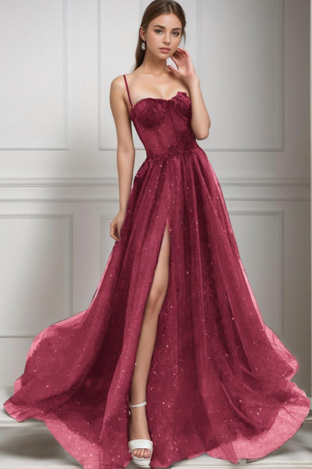 A-Line Sweep-Brush Train Tulle Prom Dress CS0439 - COCOMELODY