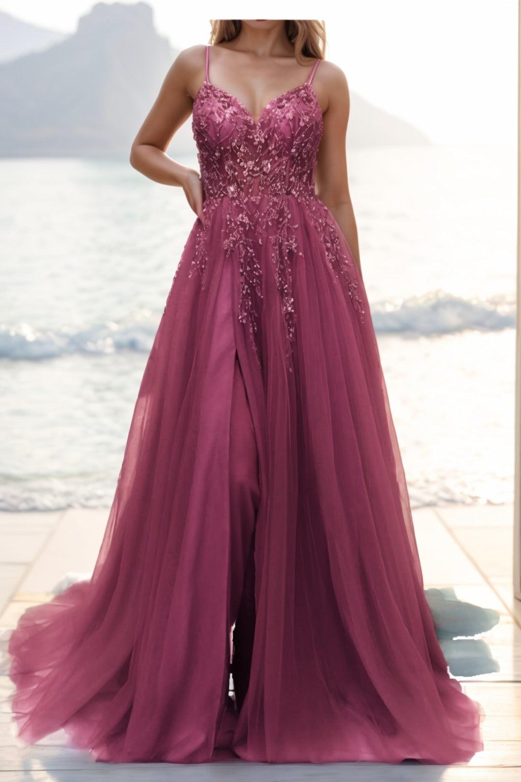 A-line Sweep-Brush Train Tulle Prom Dress CS0402 - COCOMELODY