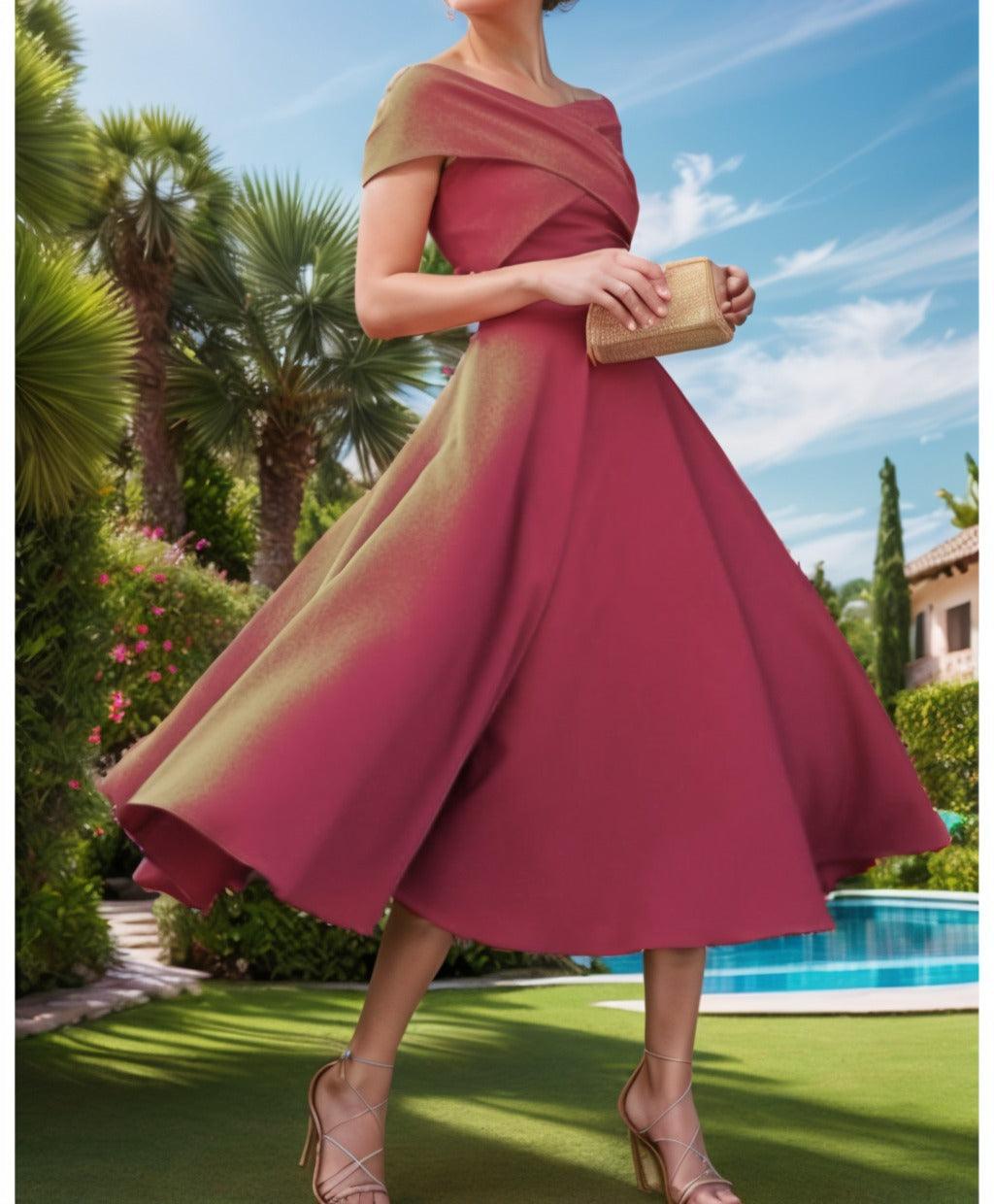 A-Line Tea Length Satin Prom Dress CS0455 - COCOMELODY