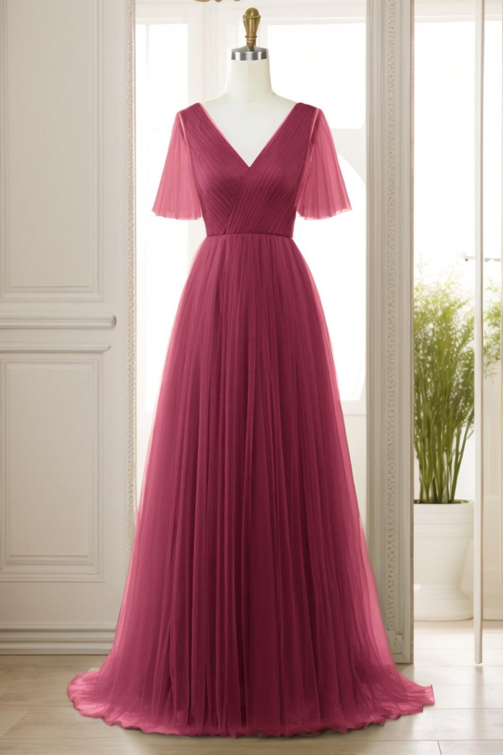 A-Line Sweep-Brush Train Tulle Prom Dress CS0472 - COCOMELODY