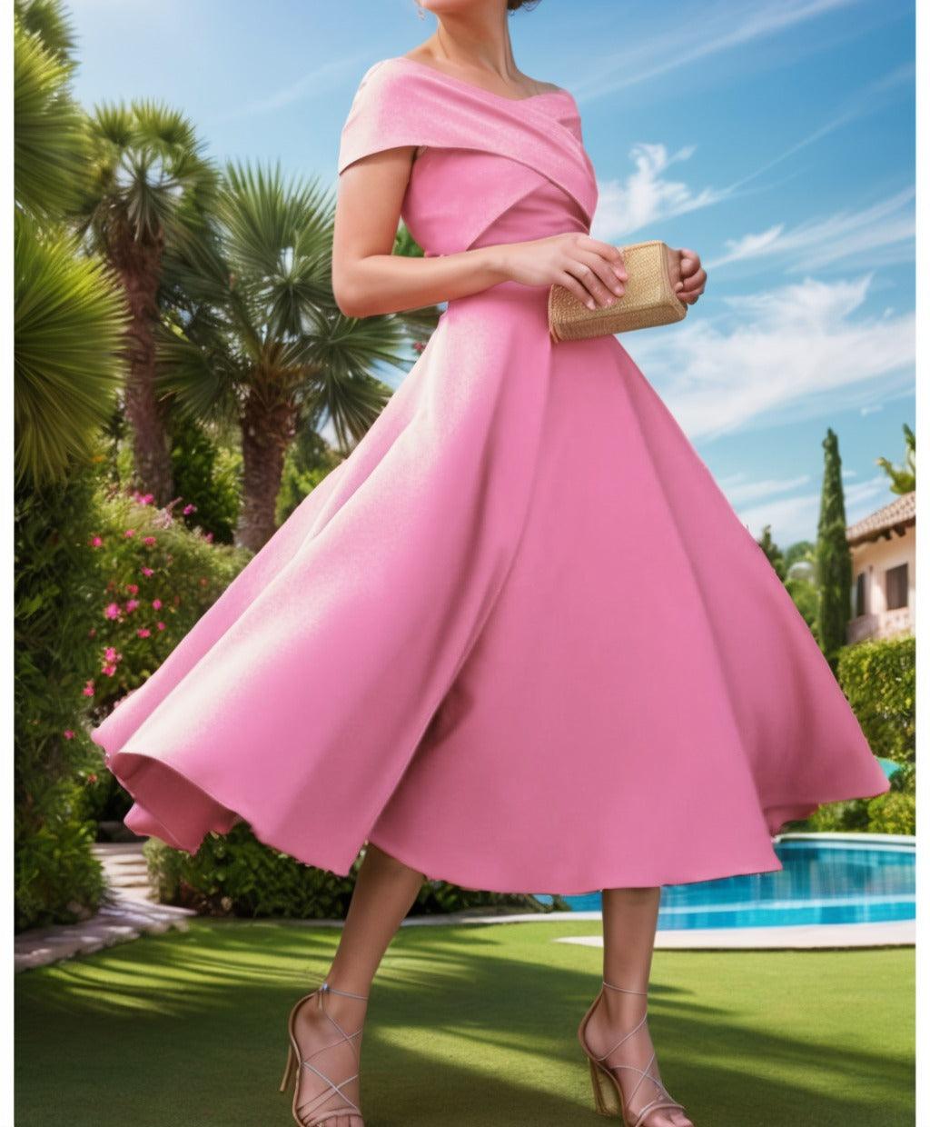 A-Line Tea Length Satin Prom Dress CS0455 - COCOMELODY