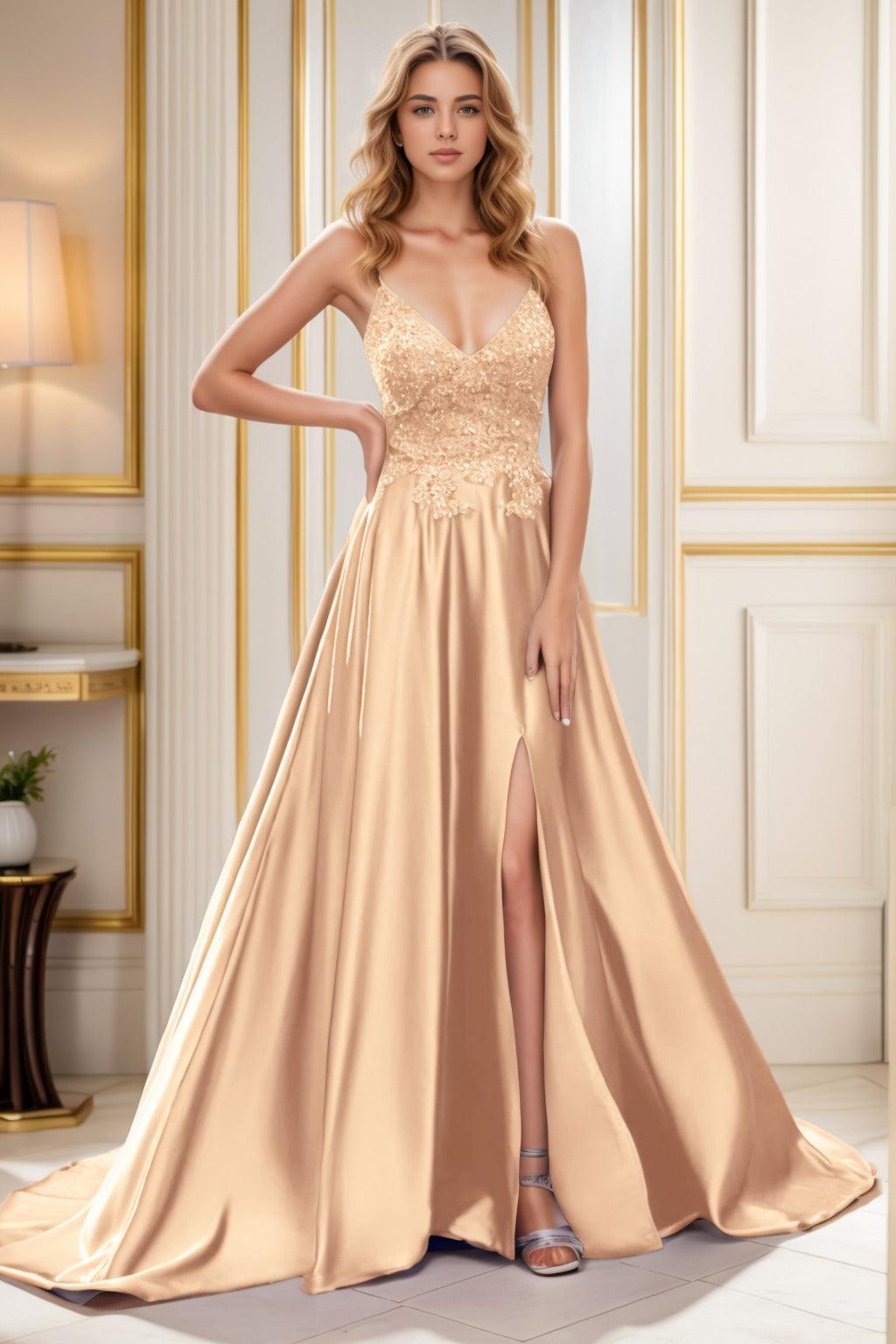 A-Line Court Train Satin Prom Dress CS0460 - COCOMELODY