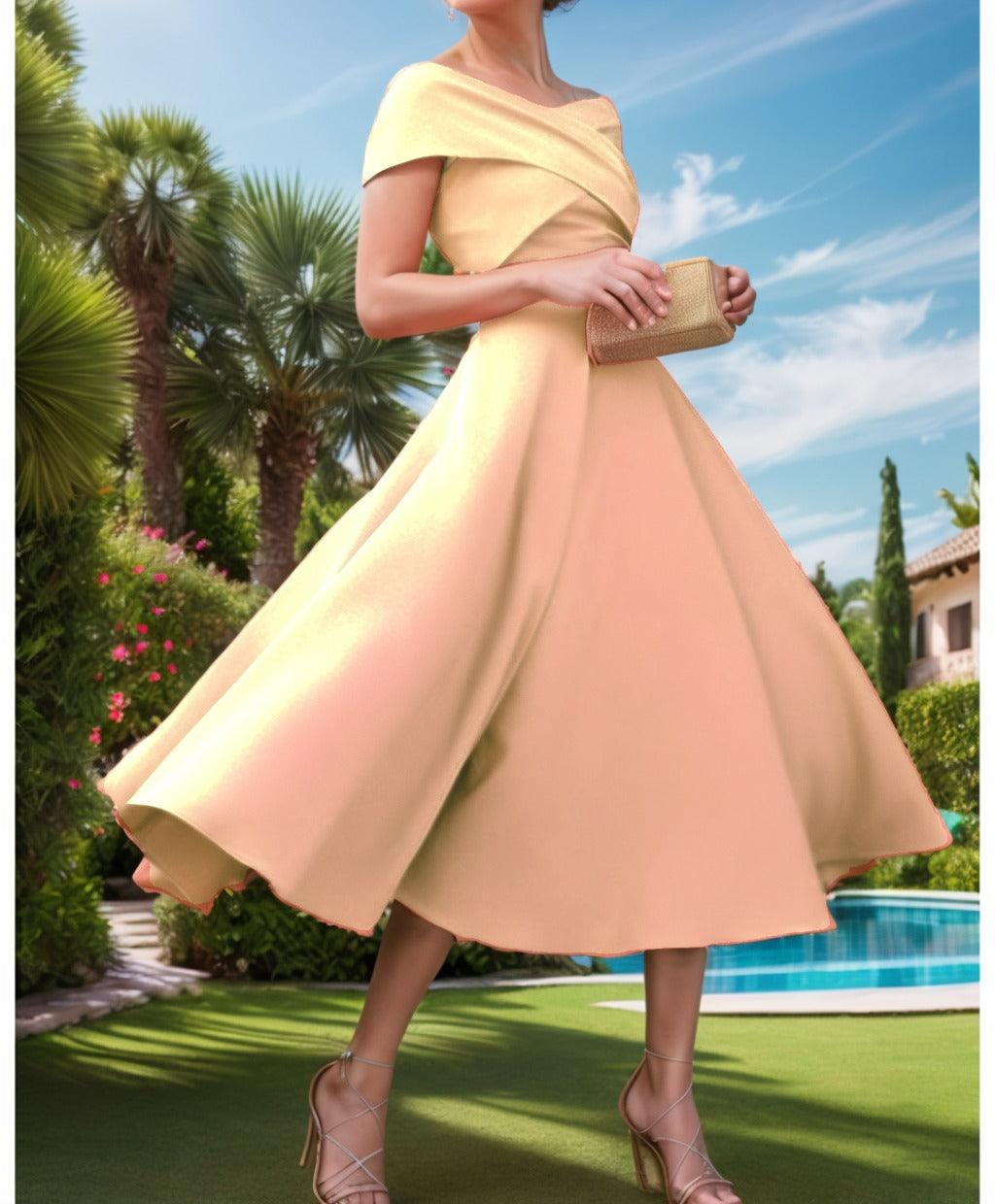 A-Line Tea Length Satin Prom Dress CS0455 - COCOMELODY