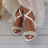 Open Toe Sandals with Pearl Detail Crossover Ankle Strap Elegant Shoes 709414855512