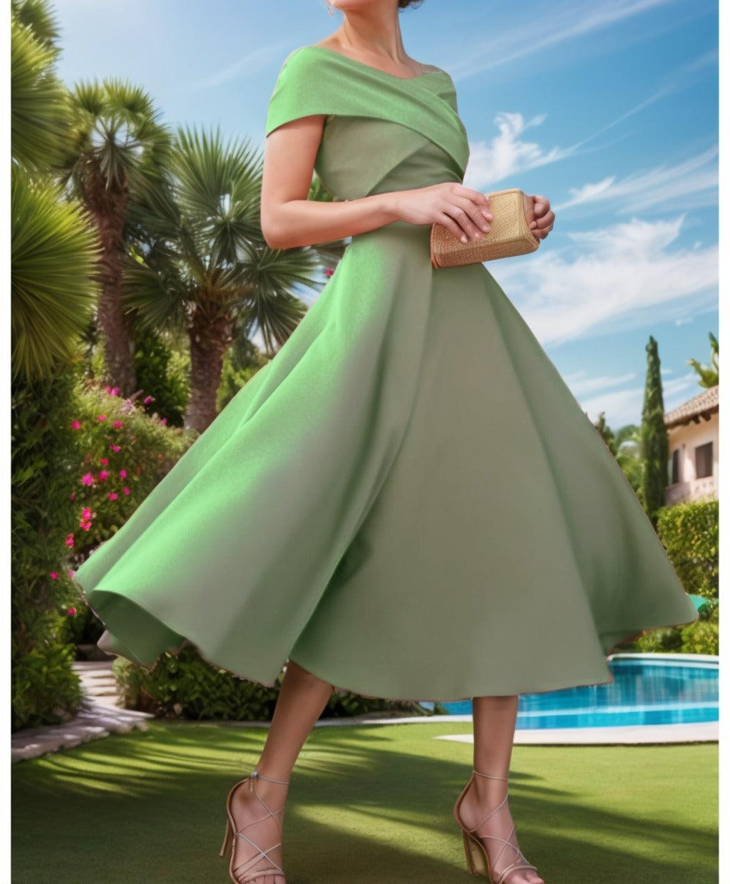 A-Line Tea Length Satin Prom Dress CS0455 - COCOMELODY