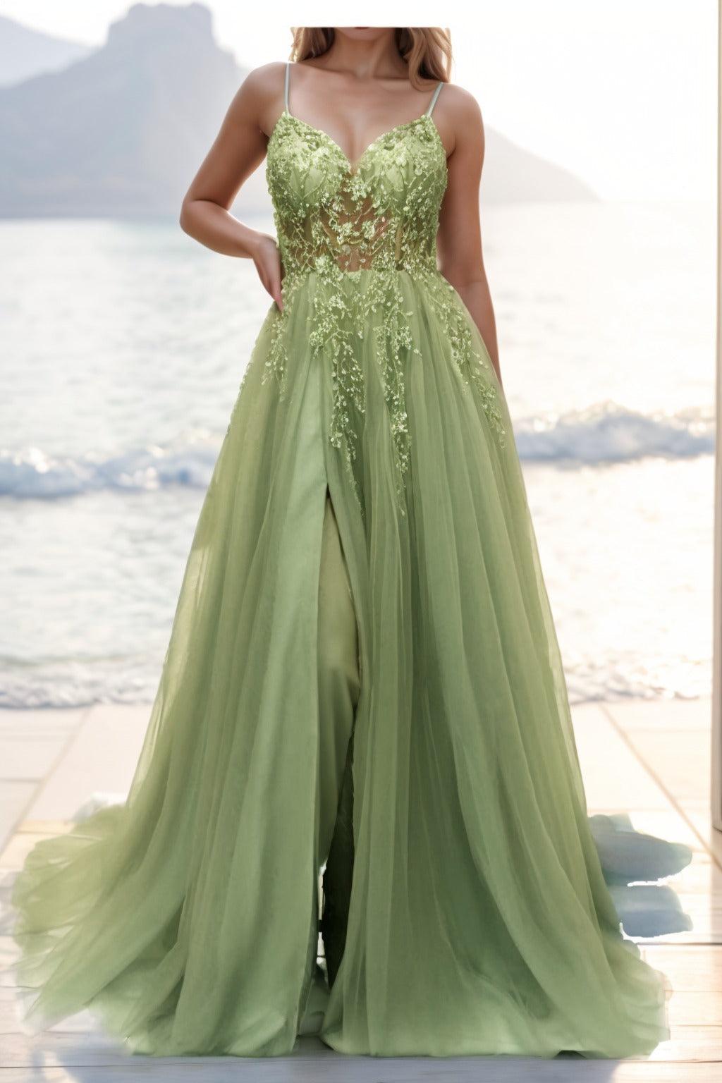 A-line Sweep-Brush Train Tulle Prom Dress CS0402 - COCOMELODY
