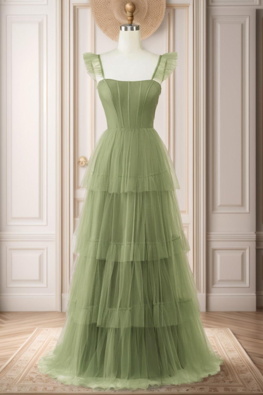 A-Line Sweep-Brush Train Tulle Prom Dress CS0471 - COCOMELODY
