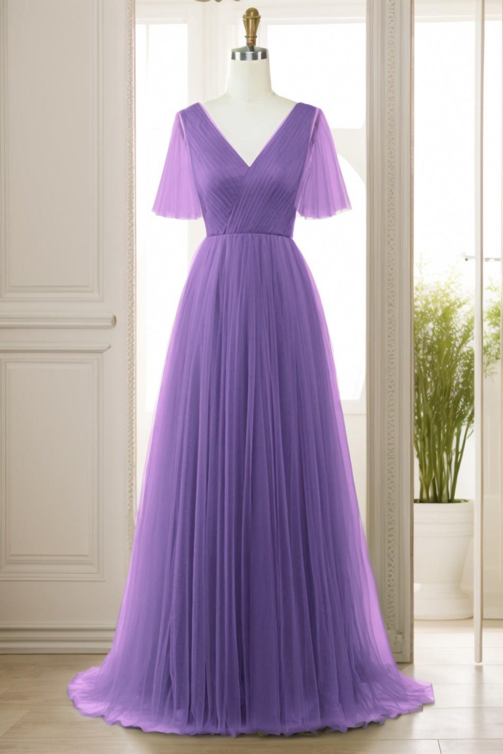 A-Line Sweep-Brush Train Tulle Prom Dress CS0472 - COCOMELODY