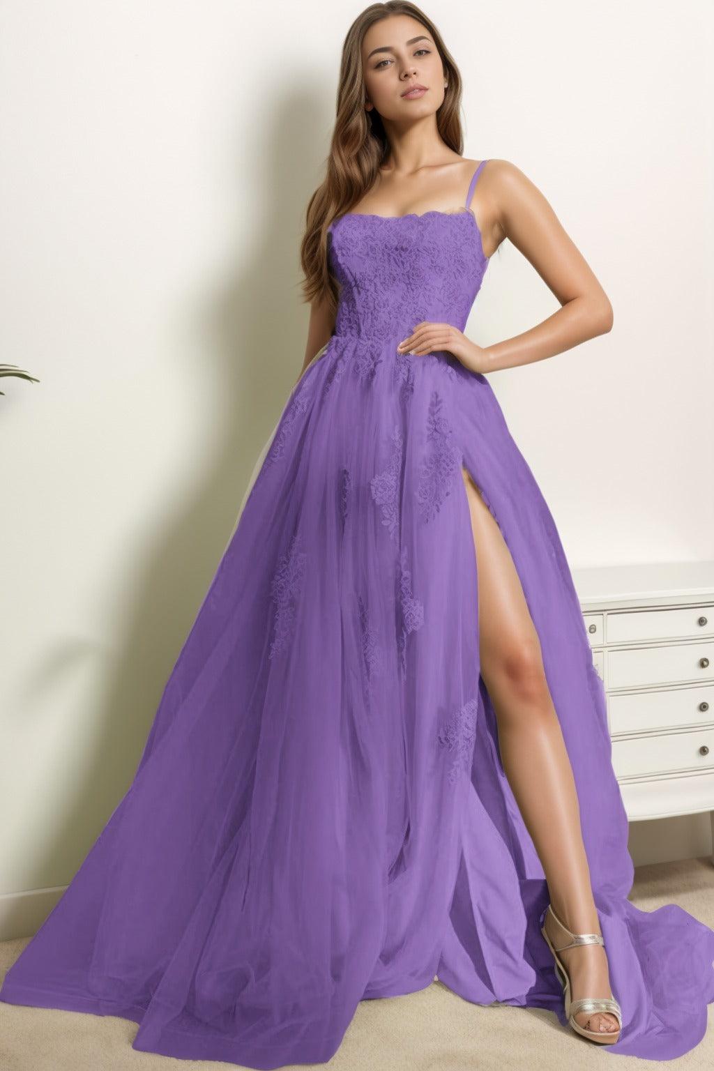 A-Line Sweep-Brush Train Tulle Prom Dress CS0415 - COCOMELODY