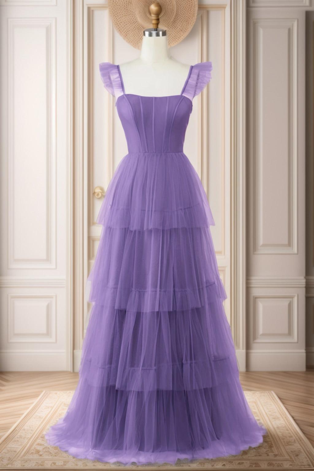 A-Line Sweep-Brush Train Tulle Prom Dress CS0471 - COCOMELODY
