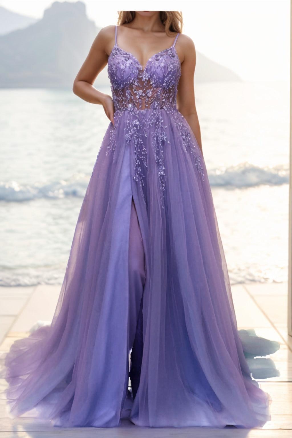 A-line Sweep-Brush Train Tulle Prom Dress CS0402 - COCOMELODY