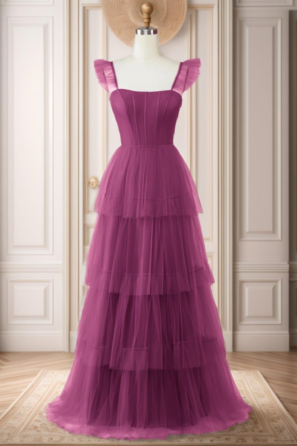 A-Line Sweep-Brush Train Tulle Prom Dress CS0471 - COCOMELODY