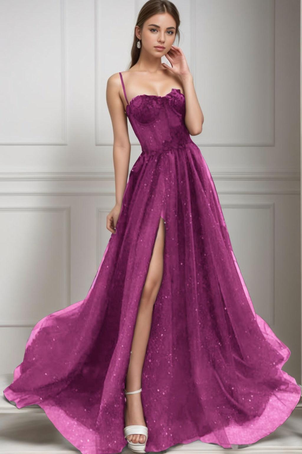 A-Line Sweep-Brush Train Tulle Prom Dress CS0439 - COCOMELODY