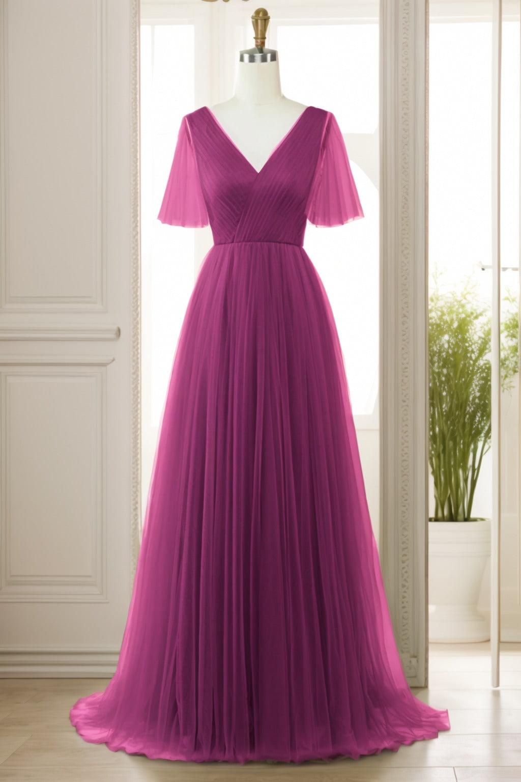 A-Line Sweep-Brush Train Tulle Prom Dress CS0472 - COCOMELODY