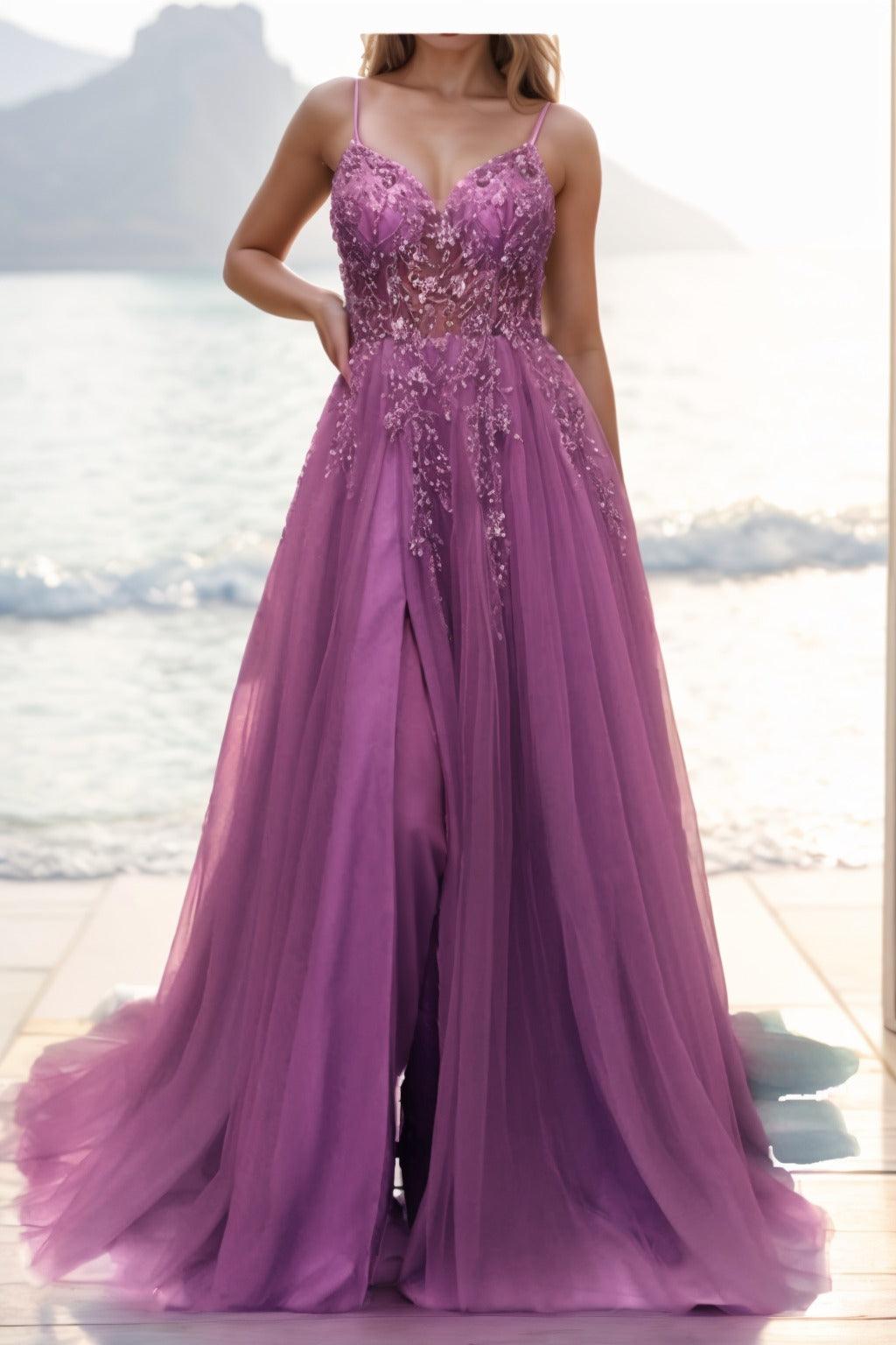 A-line Sweep-Brush Train Tulle Prom Dress CS0402 - COCOMELODY