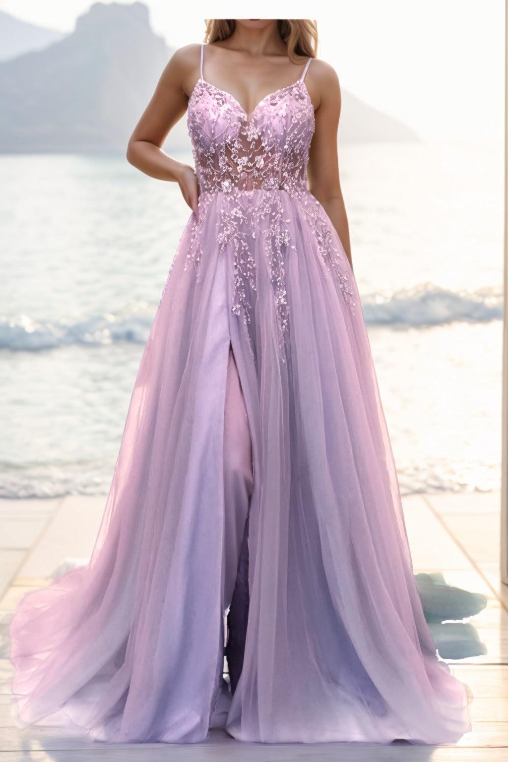 A-line Sweep-Brush Train Tulle Prom Dress CS0402 - COCOMELODY