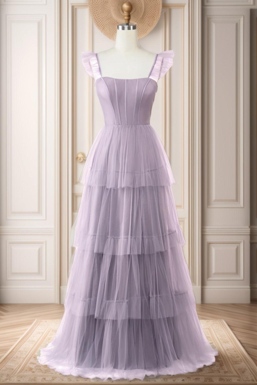 A-Line Sweep-Brush Train Tulle Prom Dress CS0471 - COCOMELODY