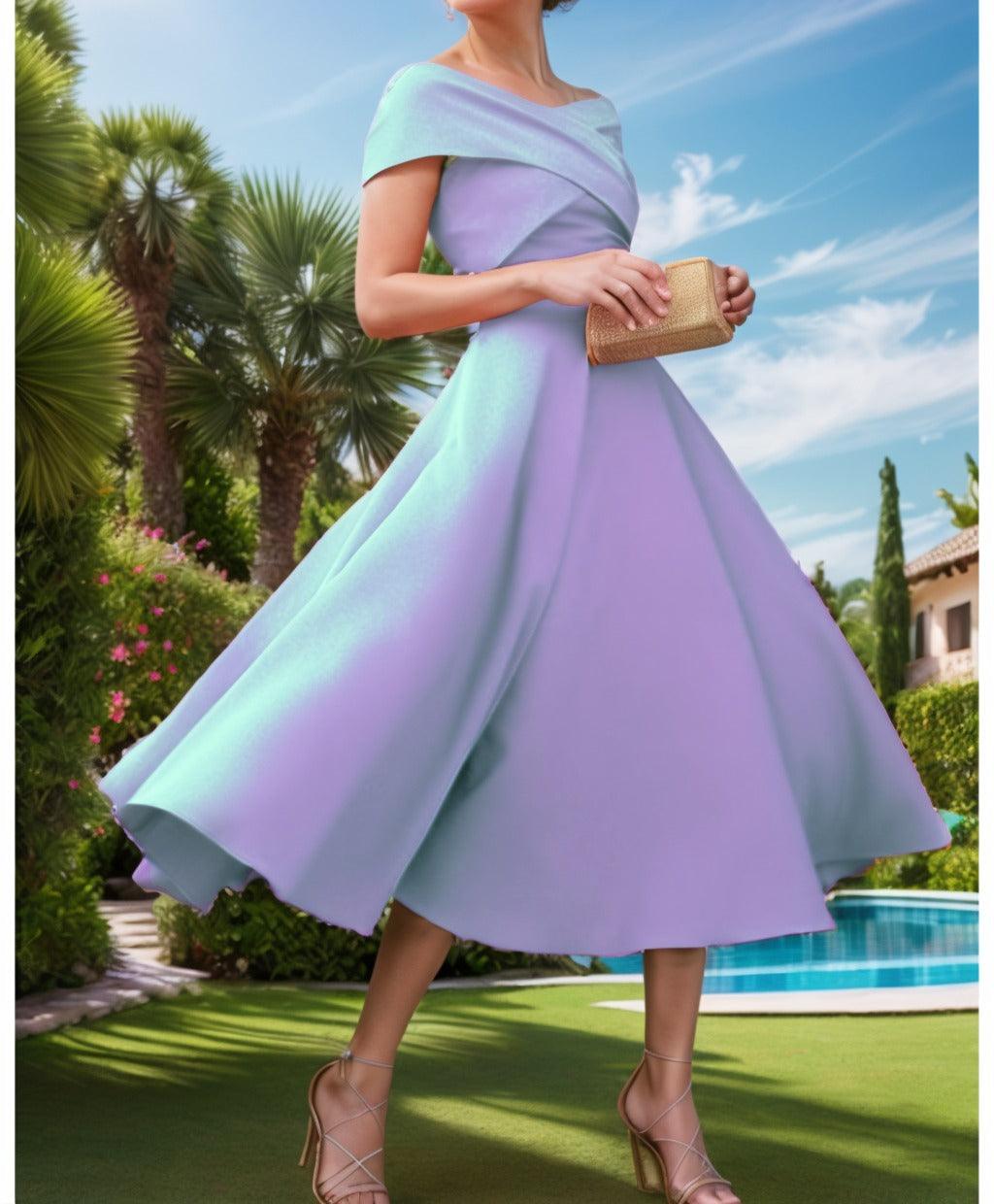A-Line Tea Length Satin Prom Dress CS0455 - COCOMELODY