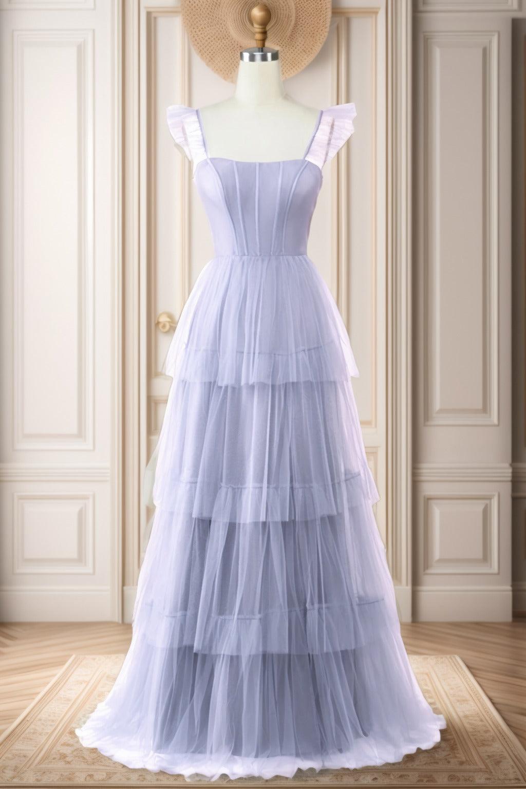 A-Line Sweep-Brush Train Tulle Prom Dress CS0471 - COCOMELODY