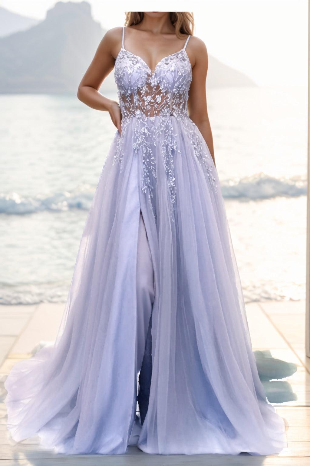 A-line Sweep-Brush Train Tulle Prom Dress CS0402 - COCOMELODY