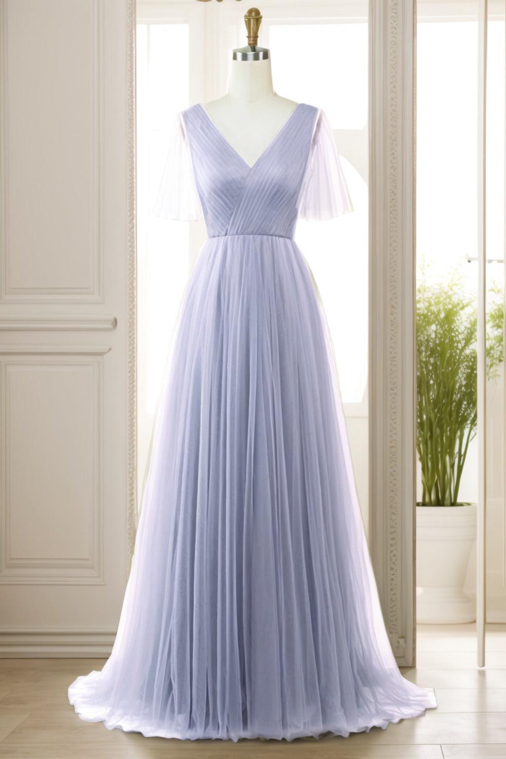 A-Line Sweep-Brush Train Tulle Prom Dress CS0472 - COCOMELODY