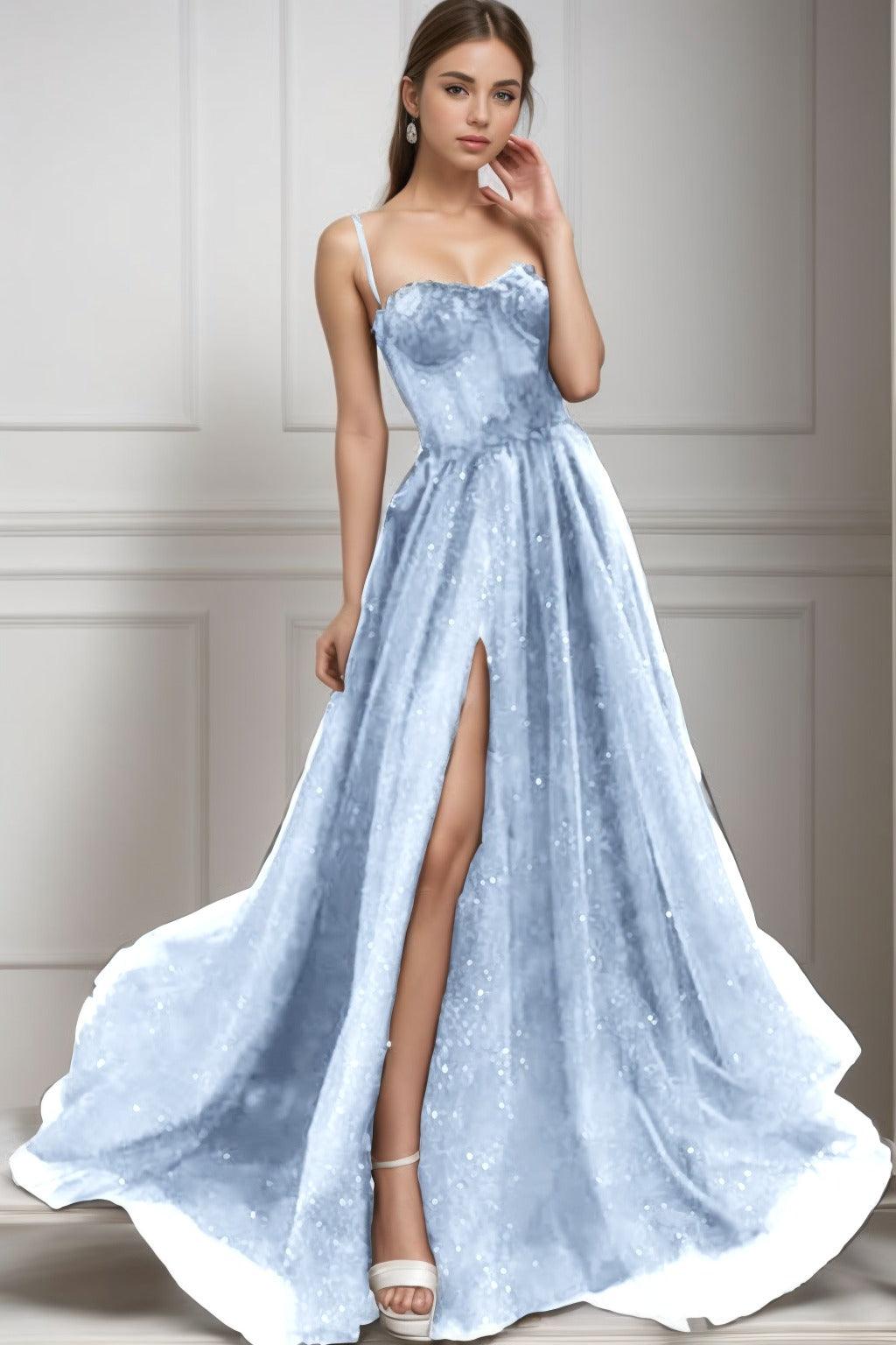 A-Line Sweep-Brush Train Tulle Prom Dress CS0439 - COCOMELODY