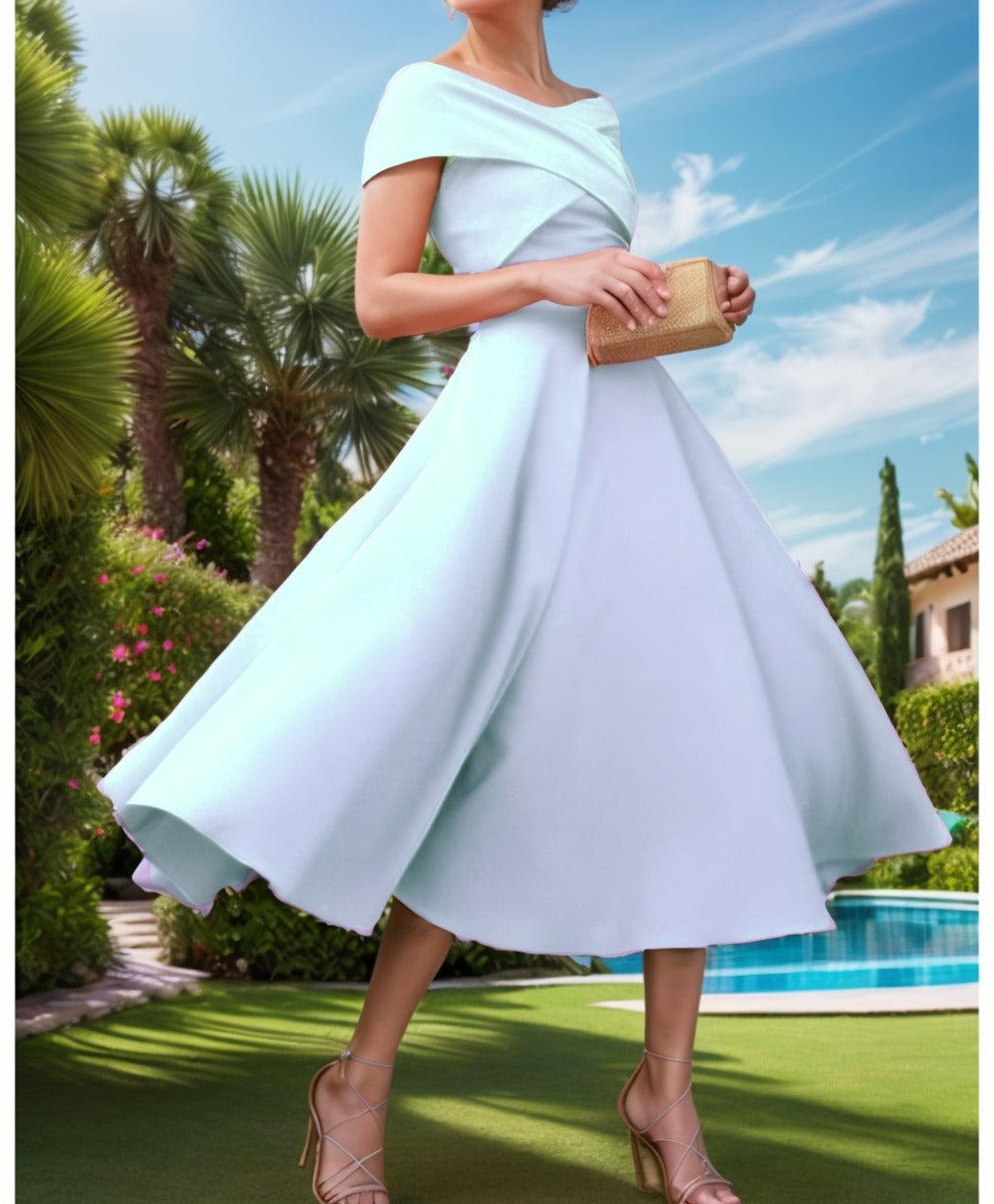 A-Line Tea Length Satin Prom Dress CS0455 - COCOMELODY