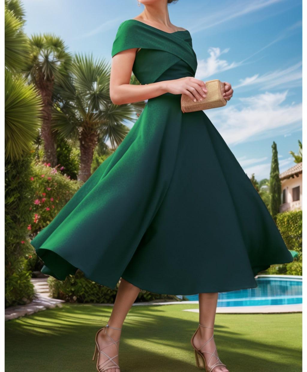 A-Line Tea Length Satin Prom Dress CS0455 - COCOMELODY