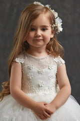 A-Line Illusion Neck Cap Sleeve Tulle Sweep-Brush Train Flower Girl Dresses 897953682012 - COCOMELODY