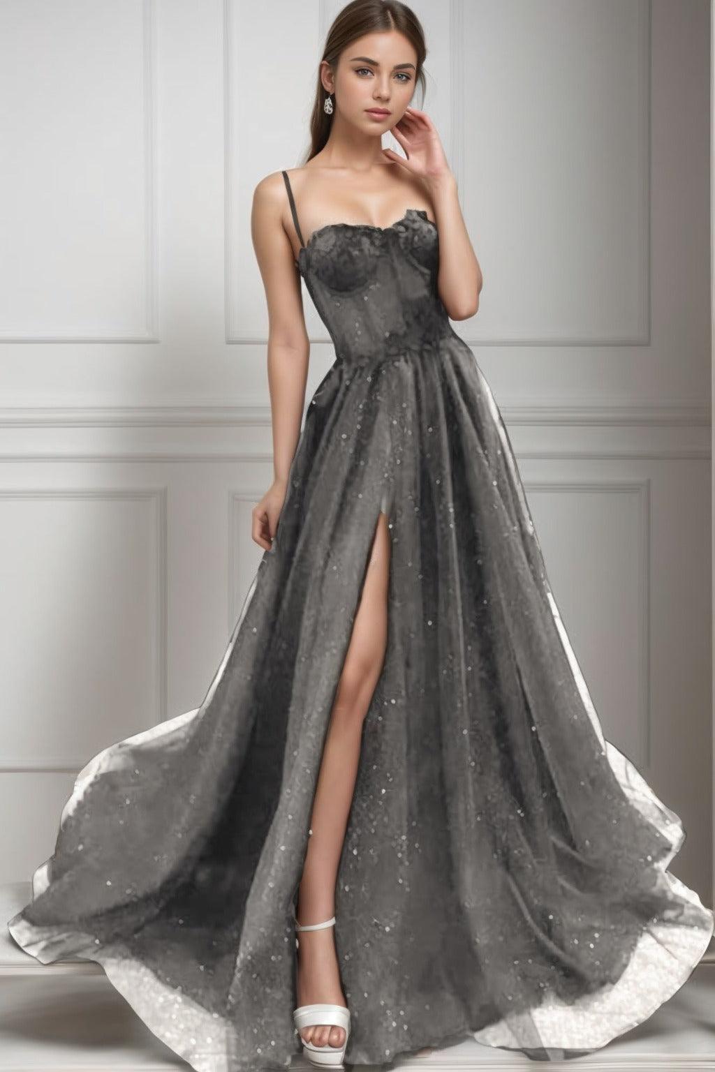 A-Line Sweep-Brush Train Tulle Prom Dress CS0439 - COCOMELODY