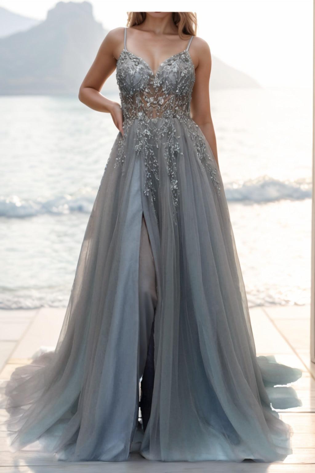 A-line Sweep-Brush Train Tulle Prom Dress CS0402 - COCOMELODY