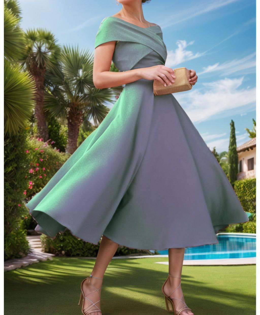 A-Line Tea Length Satin Prom Dress CS0455 - COCOMELODY