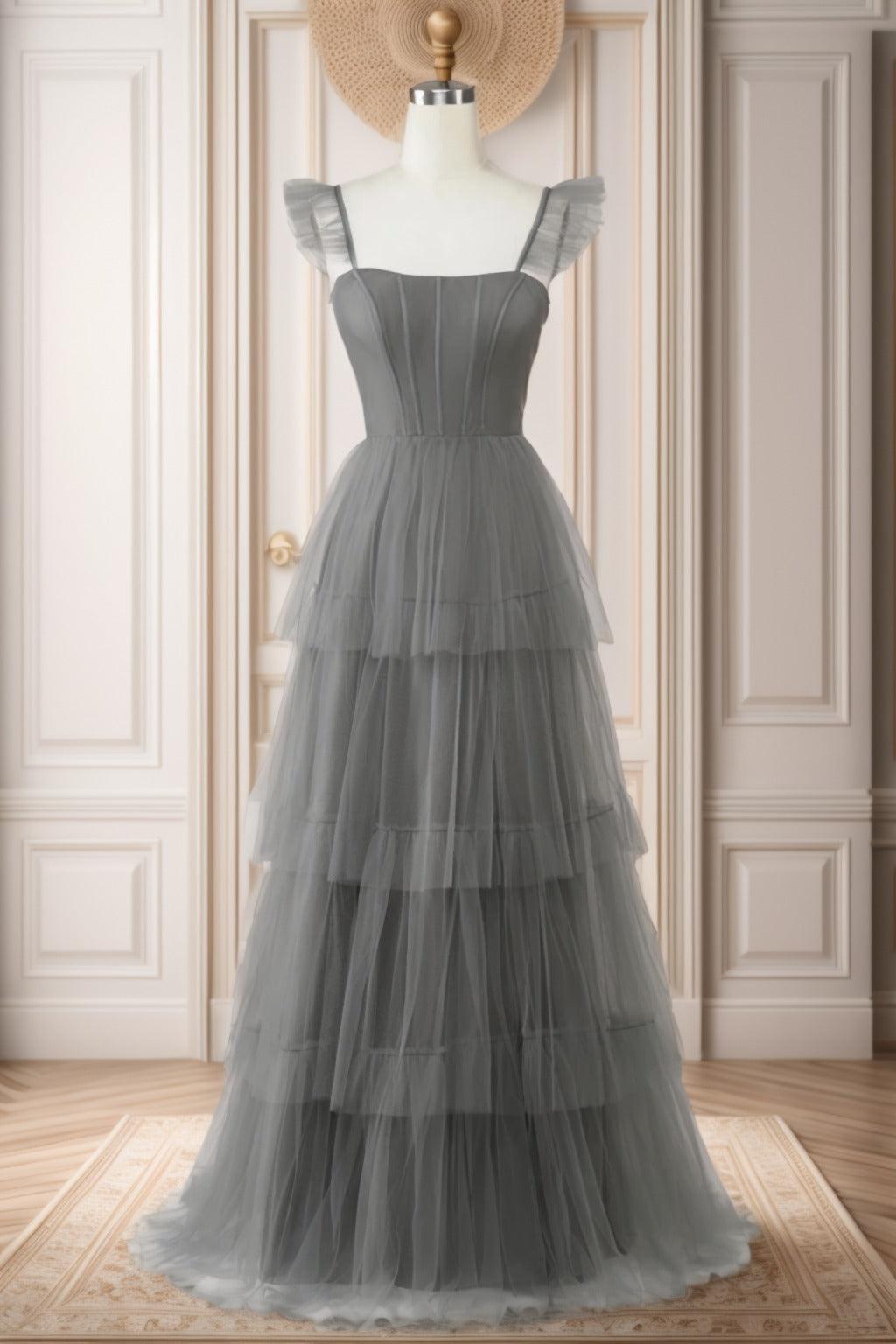 A-Line Sweep-Brush Train Tulle Prom Dress CS0471 - COCOMELODY