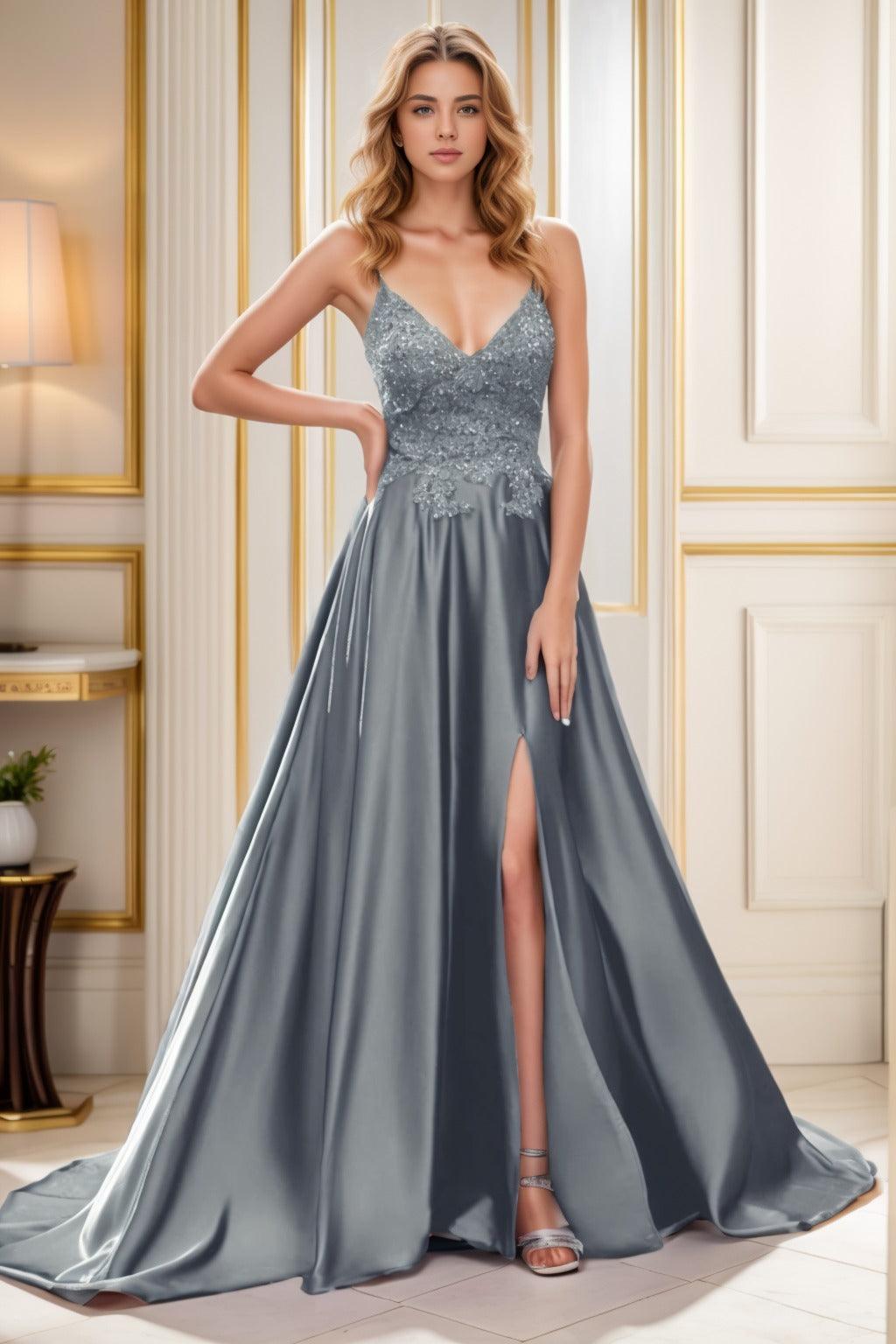 A-Line Court Train Satin Prom Dress CS0460 - COCOMELODY