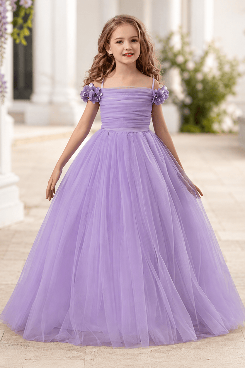 Elegant Floral Shoulder Ruched Bodice Tulle Flower Girl Dresses 890443747250